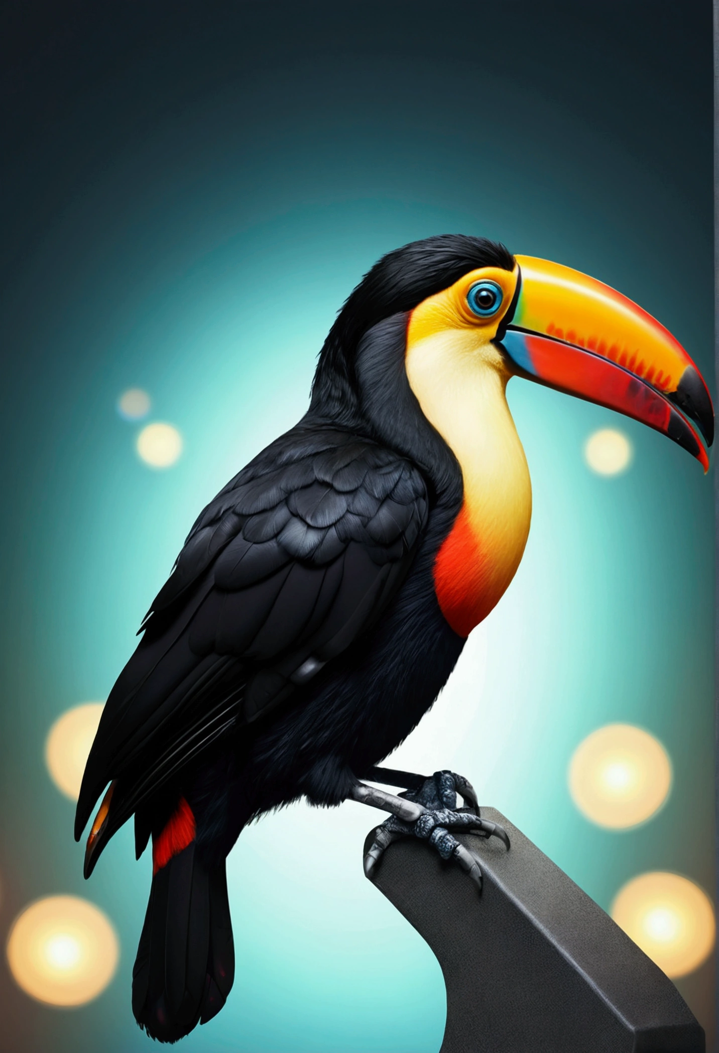 Hyper realistic toucan bird, futuristic lights background