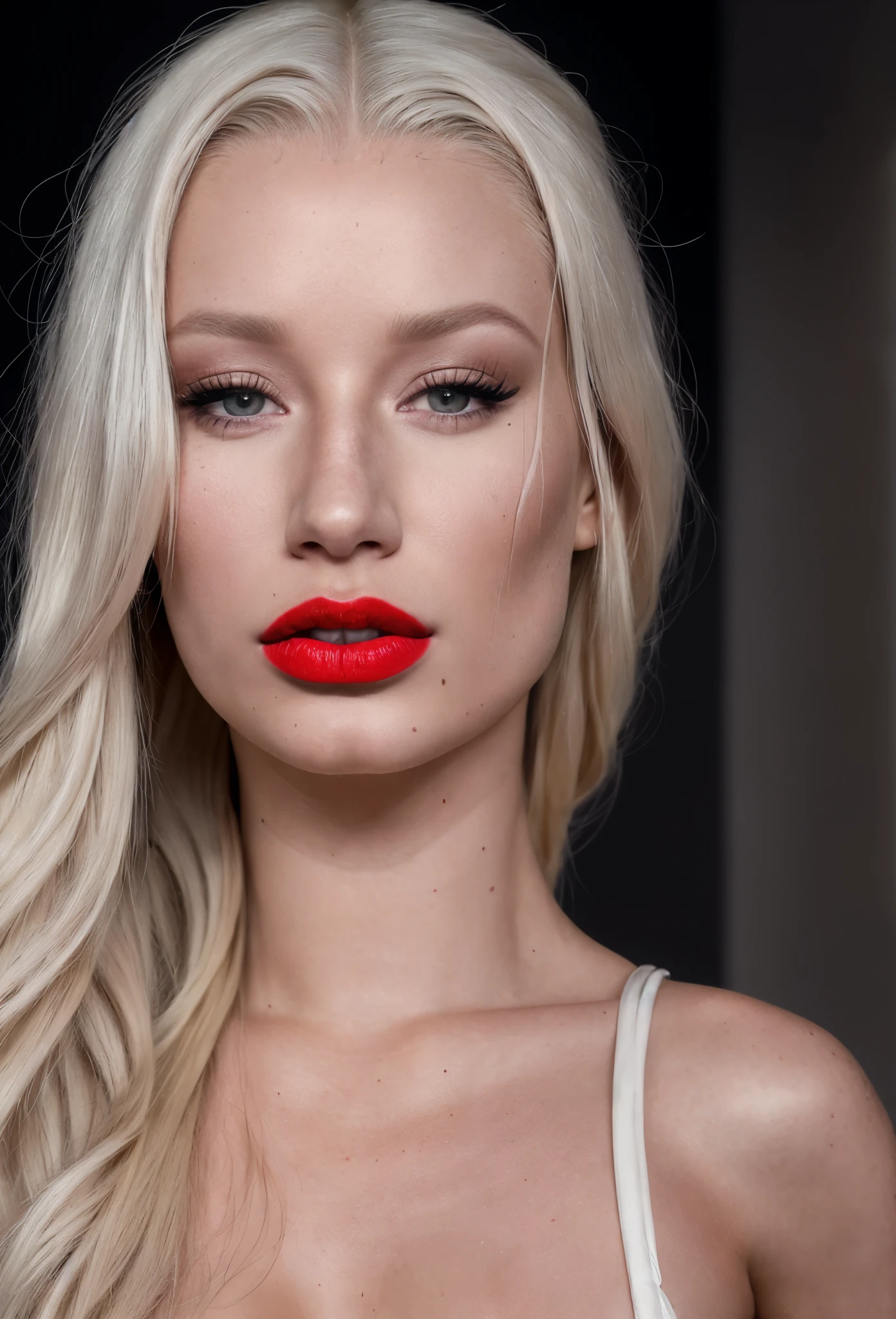 Iggy Azalea 1 девушка,Black background,grey eyes,lips,Long Platinum Blonde Hair,I look at the viewer, Tan skin,portrait,realistic,red lips,RAW photo,8 K,realistic skin details,realistic hair details,perfect skin,8 K uhd,SLR camera,high quality, split, 
