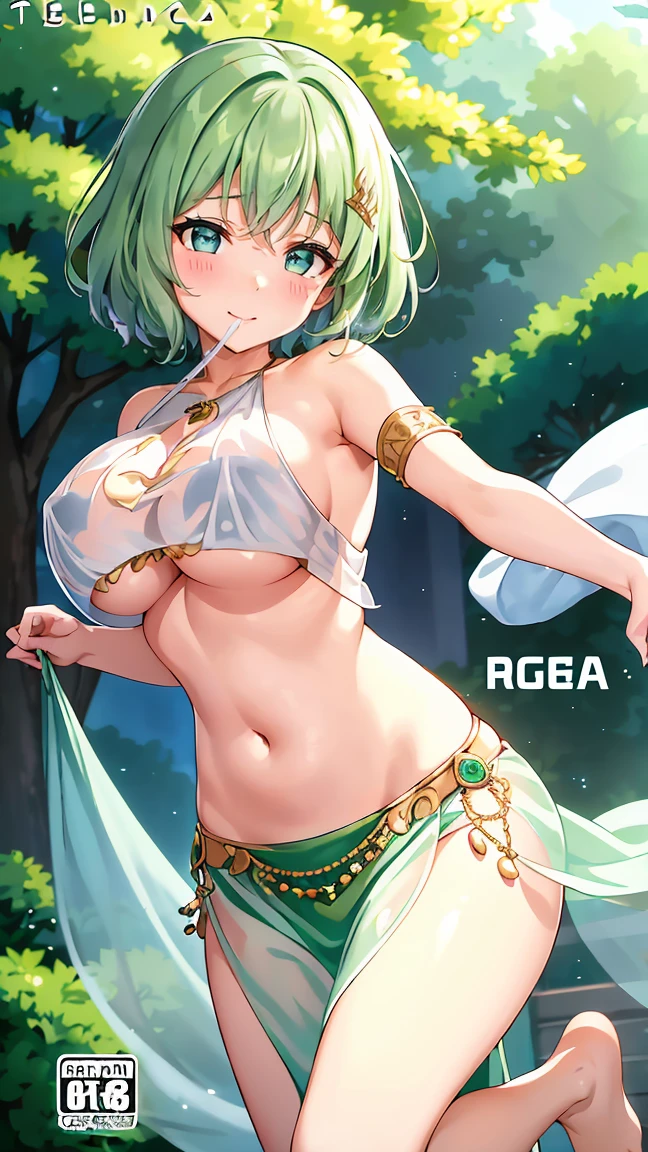 Girl with short green hair, Small breasts, Green Eyes, White Casual Beauty Special、((((tits)))),The whole body from head to toe、(Belly dance)、Dancer、National costume、See-through、Angle Shot、Decoration、Luxury accessories、Dancing by rotating on one foot、((Cover your mouth with a cloth))、Graceful dance、Captivating gestures、Elegant、Fluttering Costume