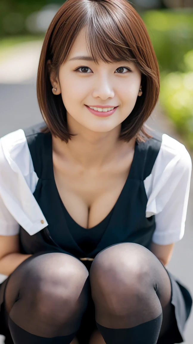 masutepiece, Best Quality, Photorealsitic, finely detail, hight resolution,beautiful japanese woman,beautiful detailed eyes, beautiful detailed lips, extremely detailed face, small head, small areola, cinematic lighting, photorealistic, 8k, high quality, hyper detailed, look at me,smile,(tank top),(pencil skirt),(short hair:1.2),(random location),(medium breasts:1.2),(inoueseika),slender,beautifull legs,(cleavage:1.3),(sexy posing:1.2), (bokeh:1.3) ,(black over-the-knee socks:1.2),(squatting)