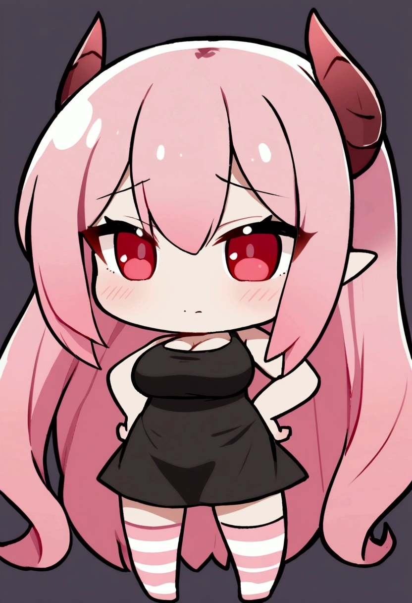 1girl with long pink hair, red eyes, two horns on head, big breasts, short black dress, pink and white striped stockings, shy face, chibi style