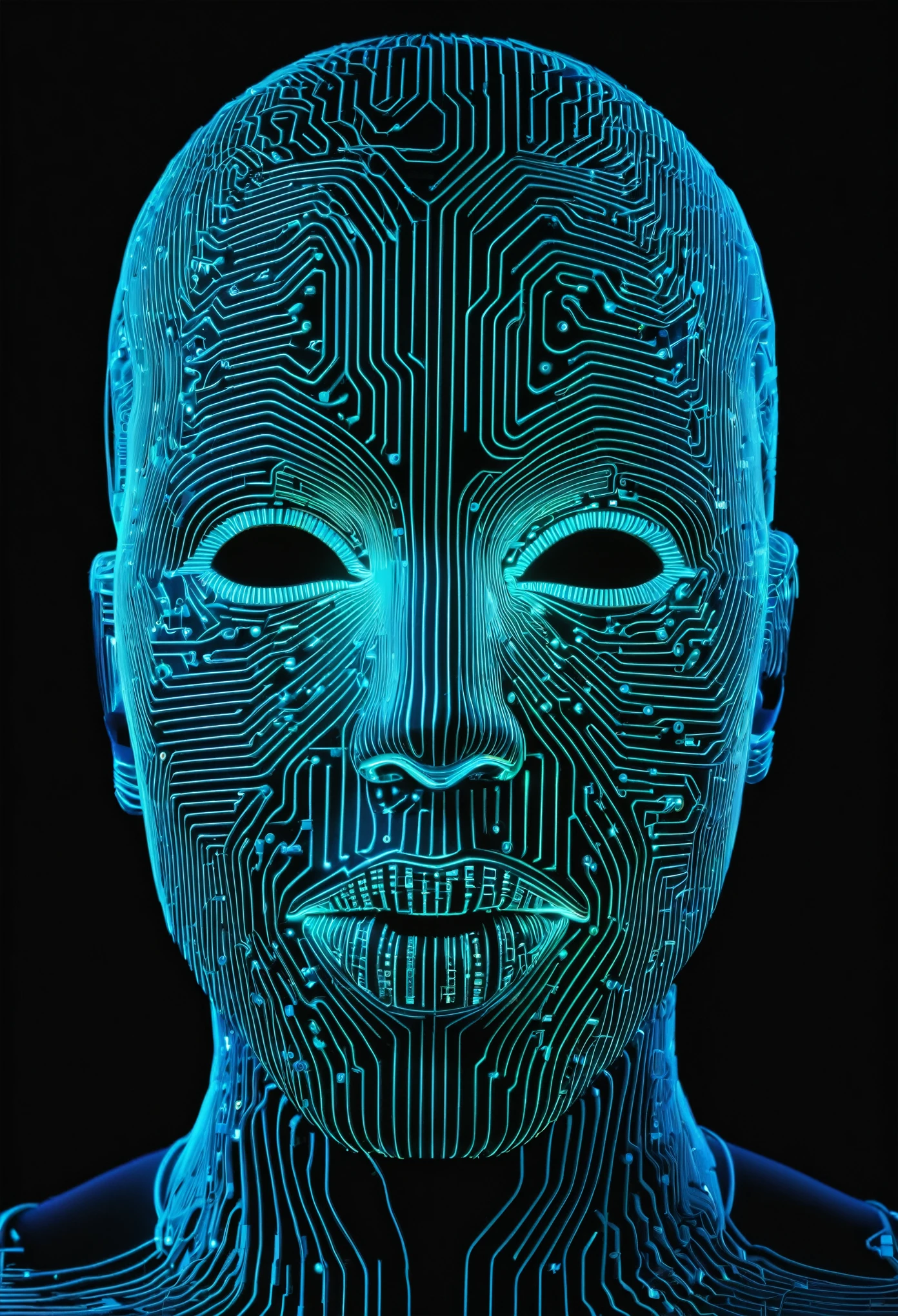 A close up of an AI's face made up entirely from glowing neon circuitry, with light trails flowing across its features and the background showing intricate patterns of digital lines. The focus is on creating depth through shadows to highlight details like eyes or mouth in dark tones against bright colors of the circuits. This composition emphasizes artificial intelligence as both technology and artistry.
