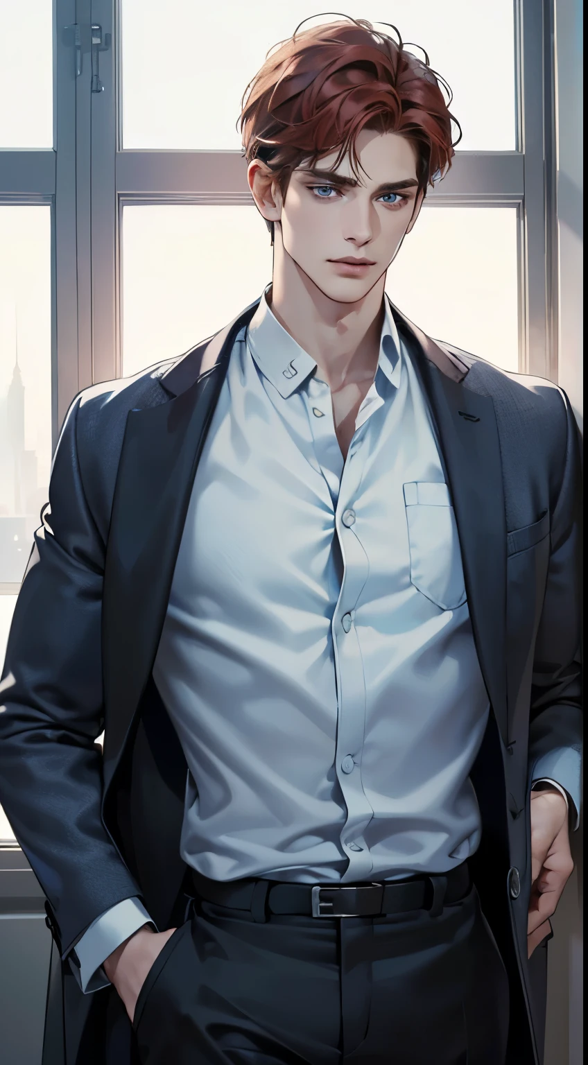 (best quality, masterpiece, 8K, photorealistic, cinematic lighting, 1:4 hdr image, ultra detailed, beautiful image), a mature man, 34 years very handsome, ((cold expression)), short red hair, blue eyes, face perfect without mistakes, ((buttoning his jacket, CEO))