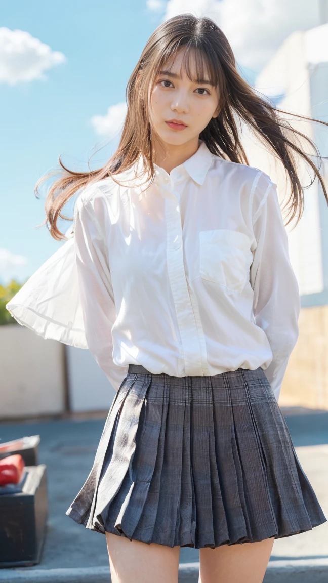 One Girl、Beautiful and detailed eyes and face、barefoot、Cute 16 year old Japanese girl, ((Extremely precise and accurate anatomy:1.0)), (photo Realistic:1.4), (hyper Realistic:1.4), (最高品質のRealisticな肌の質感:1.4), (Improvement of quality:1.4), (Enhances the beauty of skin texture:1.1), Clean and glowing skin, mesh, thin:1.2, (Realistic:1.3), Realisticなライティング, (Smoother lighting:1.05), (Improving the quality of cinema lighting:0.9), Backlight, A gentle light on your face, Ray Tracing, (Bright light:1.2), 32K, One Japanese woman, fine grain, Detailed face, (Film Grain:1.1),(Accentuates body lines:1.1), High resolution, Natural look, Kind eyes, Improves hair quality, Delicate light and shadow, Transparent muscles, Graceful pose, Beautiful Eyes, Sharp details, Soft light reflection, Beautiful contours, Delicate skin tone, Fine hair texture, Natural background, (((sunny day、School zone、A strong wind is blowing、Her hair and skirt are flying、 Open shirt、Pleated skirt、stroll:1.25、Light of the sun、Clear skies、stage、Blue sky and white clouds、The joys of youth)))、