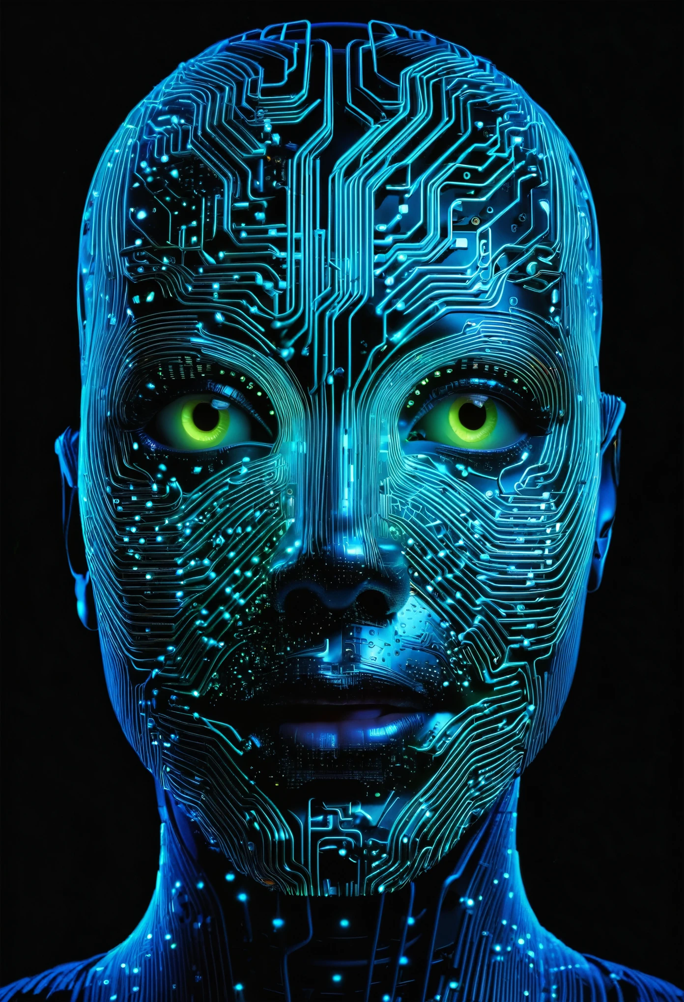 A close up of an AI's face made up entirely from glowing neon circuitry, with light trails flowing across its features and the background showing intricate patterns of digital lines. The focus is on creating depth through shadows to highlight details like eyes or mouth in dark tones against bright colors of the circuits. This composition emphasizes artificial intelligence as both technology and artistry.