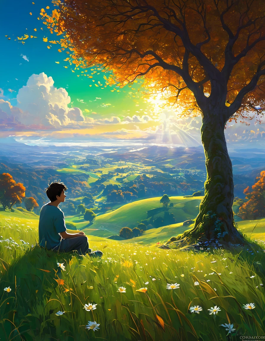  fondo de pantalla de arte anime 8 K, fondo animado art, Fondo De Pantalla De Paisaje De Anime, ANIME MASTERPIECE - Creates an image of a serene, sunlit rural scene in vibrant, detailed anime style. The scene is a boy sitting next to a tree in an autumn meadow, looking at a vast golden sky with white clouds, an incredible sunset, tall green grass, daisy flowers, ULTRA Style Kilian Eng and Thomas Kinkade, Rob Gonsalves and Tim White , Silvain Sarriel. Rhads and Thomas Kinkade, inspired by RHADS, cyril rolando and m.w kalut, cyril rolando and m. w kalut, rhads!!!, fondo animado, fondo animado art, hermosa escena de anime, sobre las nubes, Kilian Eng y Thomas Kinkade, Rob Gonsalves y Tim White., silvain sarriel, Rhads y Thomas Kinkade, inspirado en RHADS, cyril rolando and m.w kalut, cyril rolando and m. w kalut, rhads!!!
