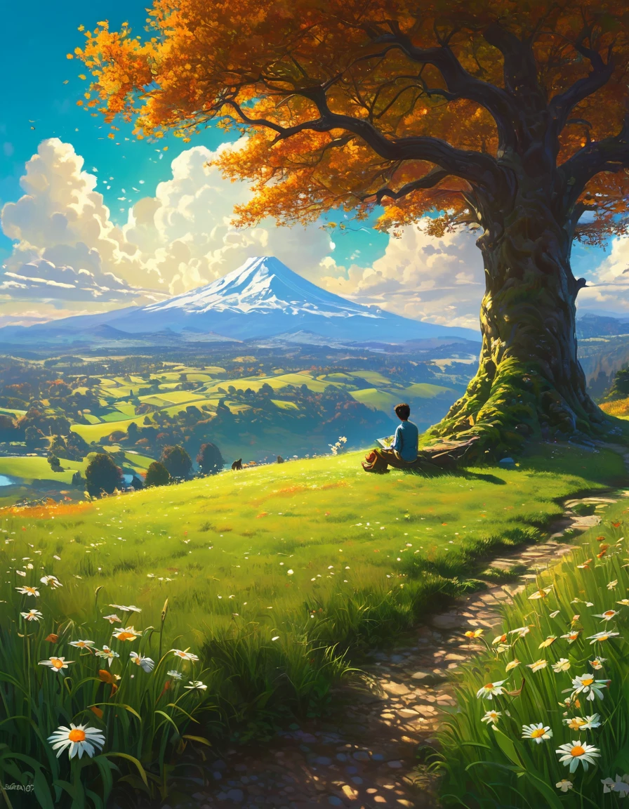 fondo de pantalla de arte anime 8 K, fondo animado art, Fondo De Pantalla De Paisaje De Anime, ANIME MASTERPIECE - Creates an image of a serene, sunlit rural scene in vibrant, detailed anime style. The scene is a boy sitting next to a tree in an autumn meadow, looking at a vast golden sky with white clouds, an incredible sunset, tall green grass, daisy flowers, ULTRA Style Kilian Eng and Thomas Kinkade, Rob Gonsalves and Tim White , Silvain Sarriel. Rhads and Thomas Kinkade, inspired by RHADS, cyril rolando and m.w kalut, cyril rolando and m. w kalut, rhads!!!, fondo animado, fondo animado art, hermosa escena de anime, sobre las nubes, Kilian Eng y Thomas Kinkade, Rob Gonsalves y Tim White., silvain sarriel, Rhads y Thomas Kinkade, inspirado en RHADS, cyril rolando and m.w kalut, cyril rolando and m. w kalut, rhads!!!
