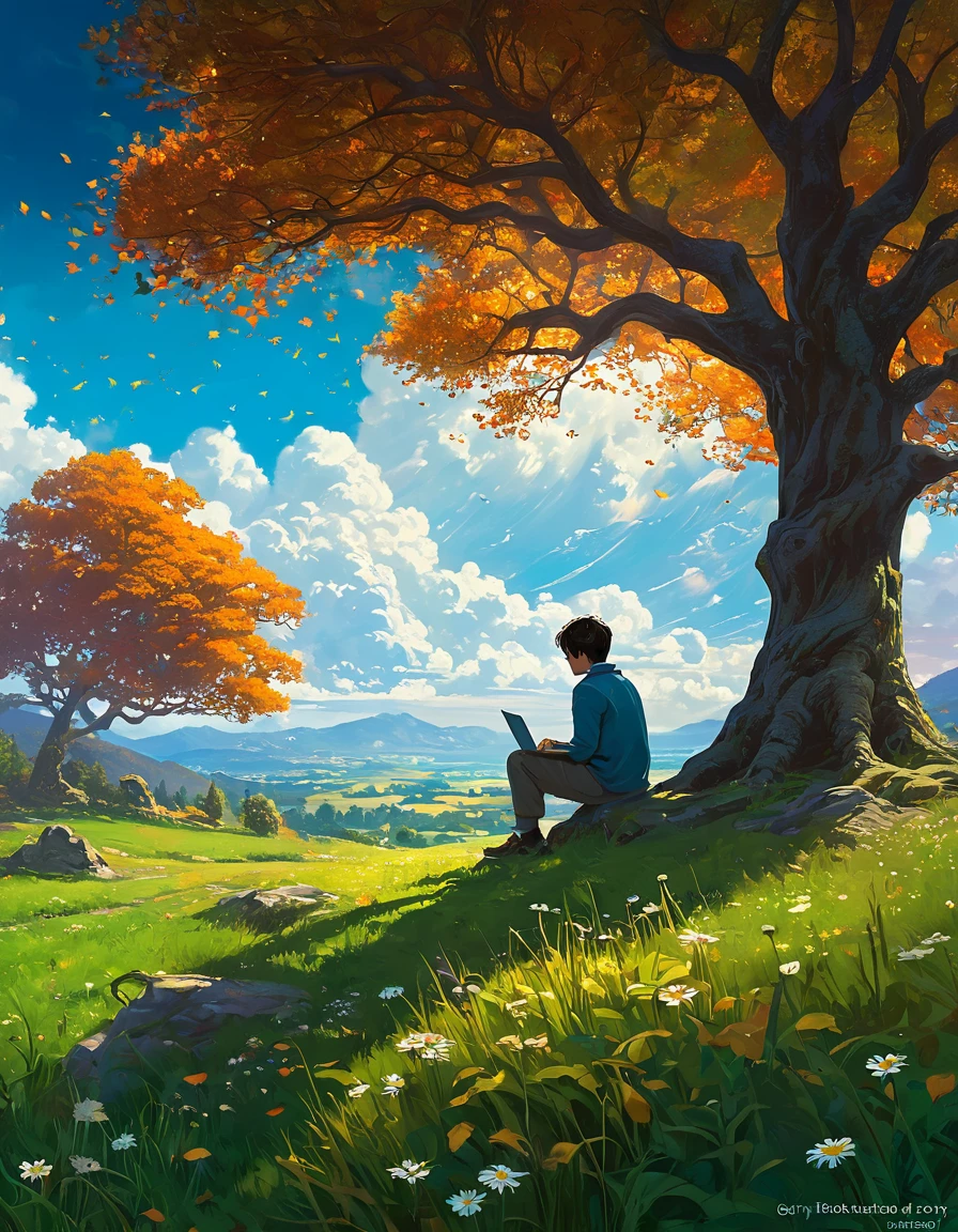 fondo de pantalla de arte anime 8 K, fondo animado art, Fondo De Pantalla De Paisaje De Anime, ANIME MASTERPIECE - Creates an image of a serene, sunlit rural scene in vibrant, detailed anime style. The scene is a boy sitting next to a tree in an autumn meadow, looking at a vast golden sky with white clouds, an incredible sunset, tall green grass, daisy flowers, ULTRA Style Kilian Eng and Thomas Kinkade, Rob Gonsalves and Tim White , Silvain Sarriel. Rhads and Thomas Kinkade, inspired by RHADS, cyril rolando and m.w kalut, cyril rolando and m. w kalut, rhads!!!, fondo animado, fondo animado art, hermosa escena de anime, sobre las nubes, Kilian Eng y Thomas Kinkade, Rob Gonsalves y Tim White., silvain sarriel, Rhads y Thomas Kinkade, inspirado en RHADS, cyril rolando and m.w kalut, cyril rolando and m. w kalut, rhads!!!