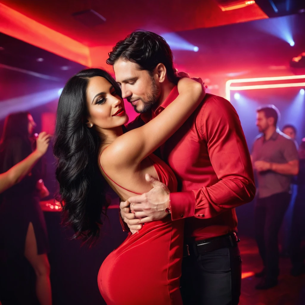 a woman with black hair, 30 years old, Latina, Caucasian, long hair, sensual body and wearing a red dress in a nightclub environment hugging a charming man