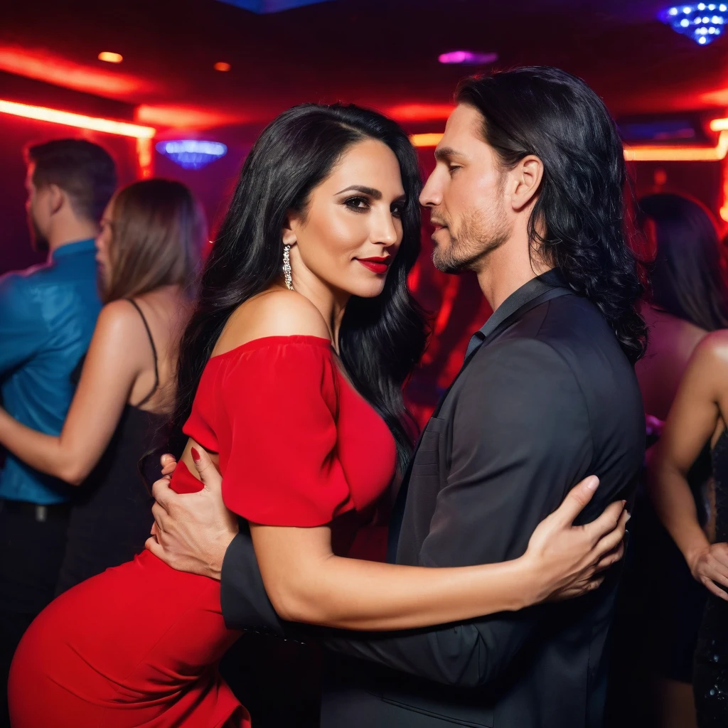a woman with black hair, 30 years old, Latina, Caucasian, long hair, sensual body and wearing a red dress in a nightclub environment hugging a charming man