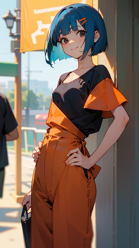 1 girl、Cowboy Shot、Simple T-shirt、shrimp、Beautiful brown and jet black eyes、Light blue hair、Bob Hairstyle、Orange Hair Clip、Flat Chest、smile、Please put your hands on your hips、Shortorning Cafe Terrace、Background blur, Written boundary depth