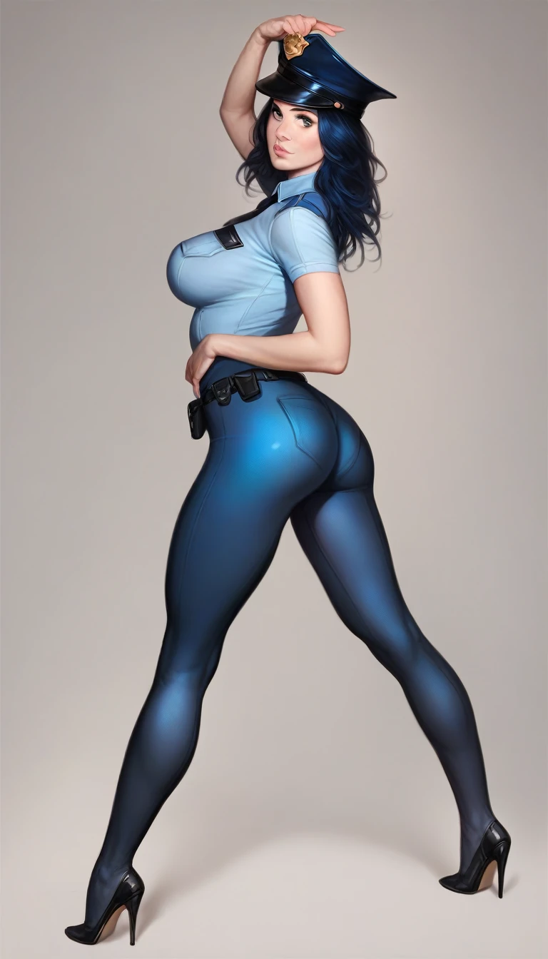 a beautiful young police woman with short blue hair, wearing a police cap, sexy expression, large breasts, detailed face, beautiful eyes, full lips, high heels, tight uniform, photorealistic, 8k, highres, masterpiece, highly detailed, cinematic lighting, realistic skin texture, vibrant colors, dynamic pose