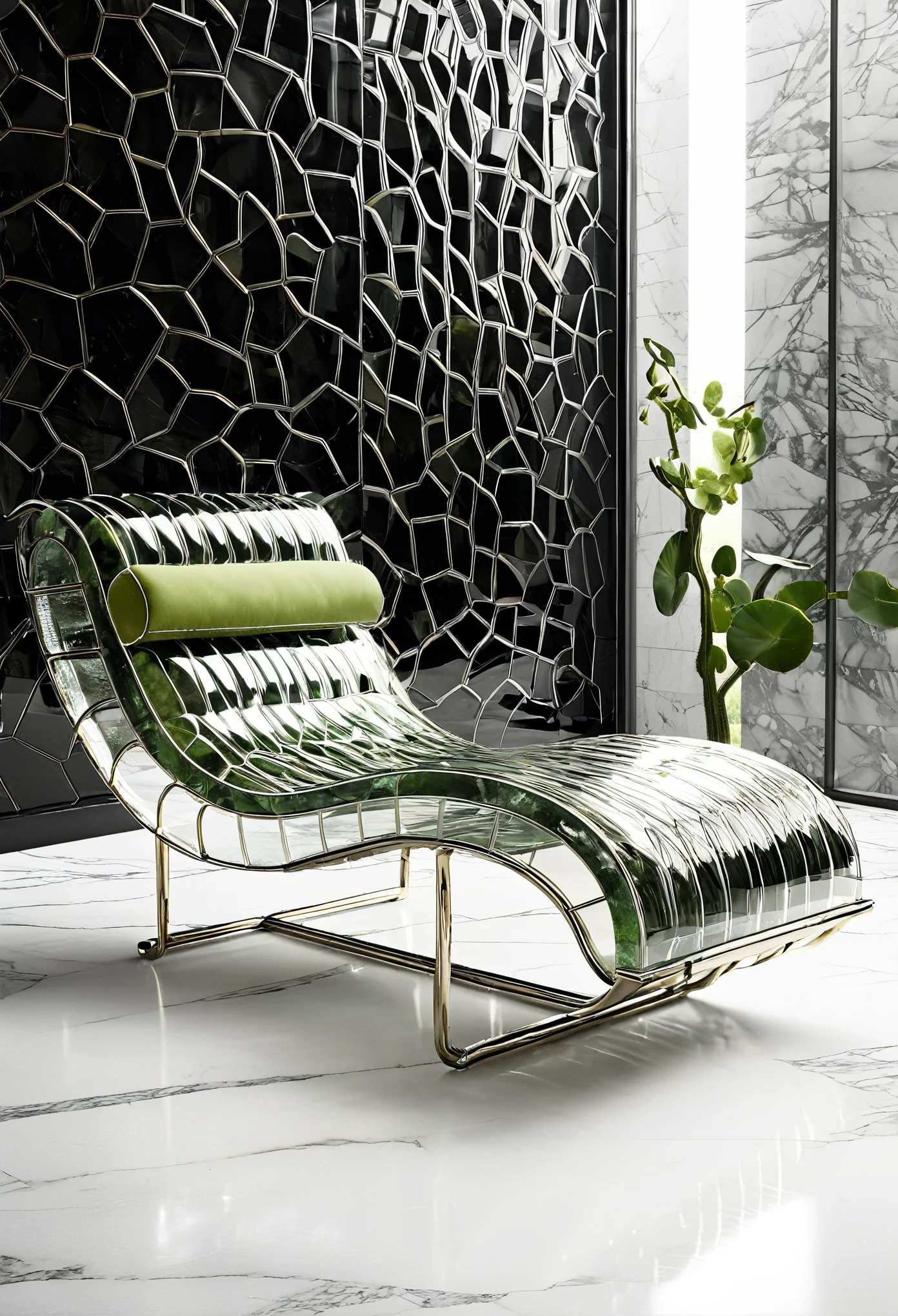 A futuristic chaise longue made of transparent glass, with the texture and pattern resembling cactus leaves. The design incorporates silver metal elements for contrast against white marble flooring tiles that have an aged appearance. It is placed in front of a wall covered entirely by black subway tile bricks. A window on one side offers natural light to highlight its unique features.
