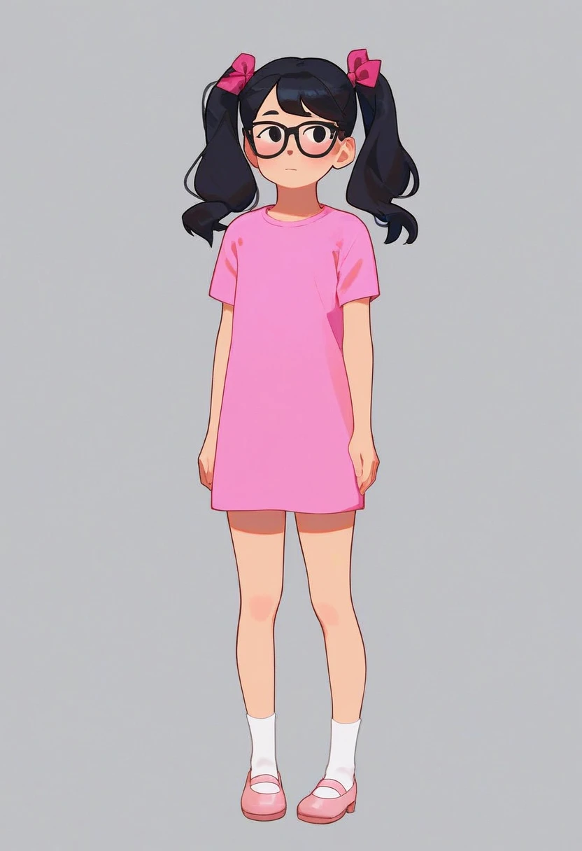 ashley, 1girl, solo, full body, black glasses, black hair, pigtails, pink shirt, short sleeves, white socks, pink mary janes, black eyes, simple background, standing