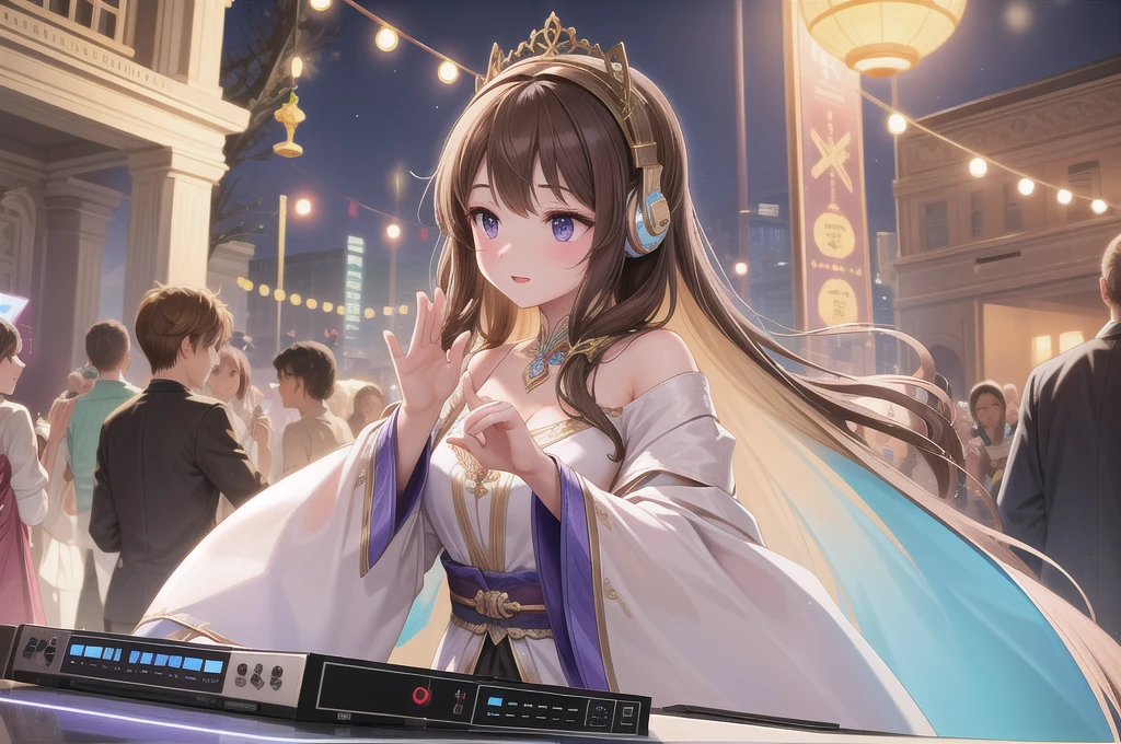 Beauty DJ,headphone,Distant shots,Godley,Brown Hair,Delicate fingers,Five Fingers,Delicate facial features,wearing gorgeous costume,Outdoor festival venue,Perfect buildings,The perfect DJ machine,From the audience's perspective,4K,masterpiece,high quality,