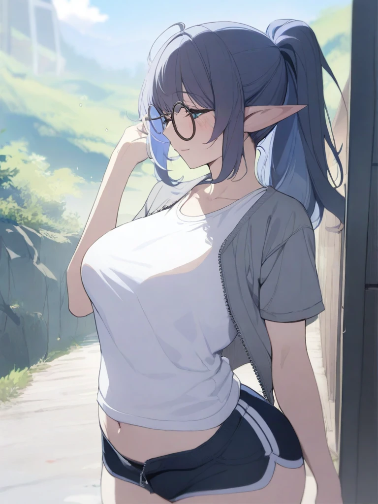 masterpiece, best quality, high quality, beautiful anime character, solo, anime girl with dark blue hair, messy hair, medium length hair, huge long ponytail, ponytail, blue eyes, elf ears, slightly big breasts, mature female, tall female, big girl, thick, (calming face, blush, light smile, loving eyes), outdoors, ((gym clothes)), standing, slim thick, short medium hair, short sleeves, round glasses, legs, wet, 