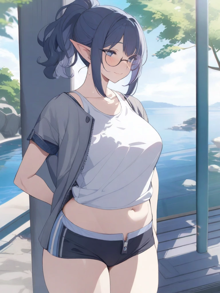 masterpiece, best quality, high quality, beautiful anime character, solo, anime girl with dark blue hair, messy hair, medium length hair, huge long ponytail, ponytail, blue eyes, elf ears, slightly big breasts, mature female, tall female, big girl, thick, (calming face, blush, light smile, loving eyes), outdoors, (white tank top, unzipped grey jacket, hotpants), standing, slim thick, short medium hair, short sleeves, round glasses, legs, navel, 