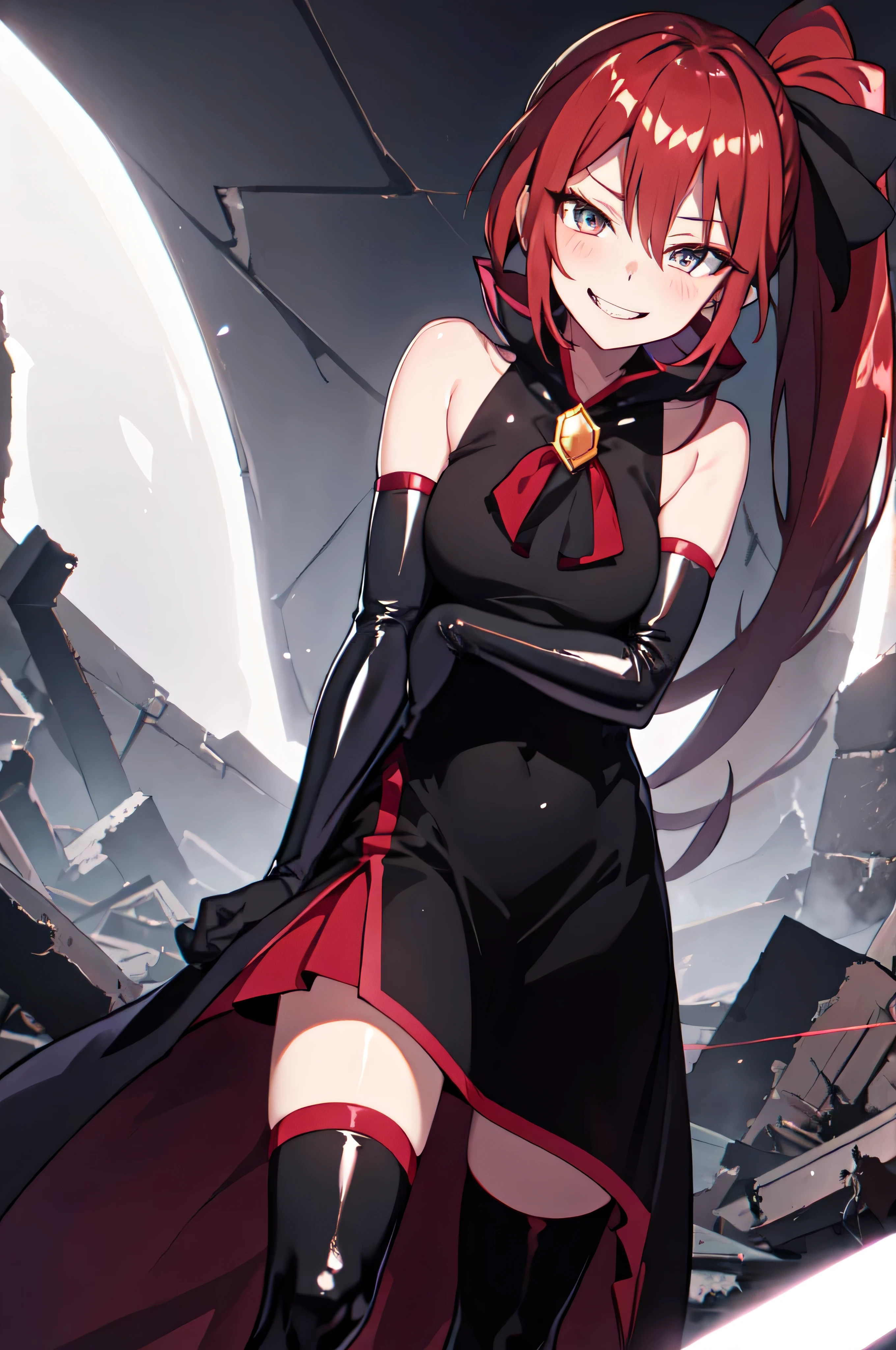 Highest quality, masterpiece, One Girl,Not beautiful, Red Ponytail, Long dress, brooch, Hair Ribbon, - Elbow hand pockets, Black knee socks, Standing on the rubble, (A very wicked smile:1.1), ,,Dark shadowed face,Sadistic smile,Malice,Contempt,smile,latex,Bad face,,Red Skirt,two hands,two legs,five fingers,evil background,elbow gloves,latex, Wicked Smile, devilish aura (Shiny fabric:1.5),Evil Darkness