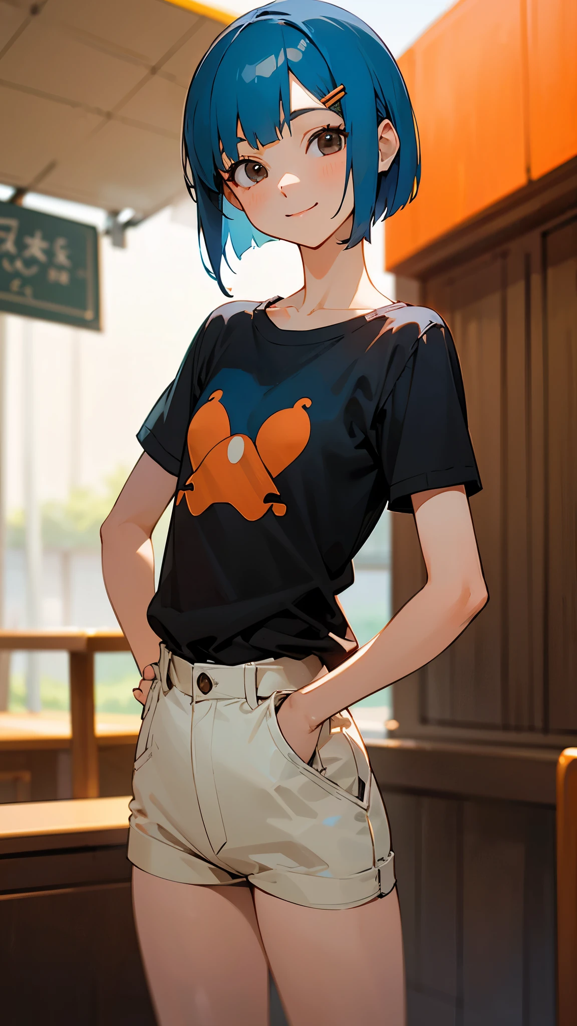 1 girl、Cowboy Shot、Simple T-shirt、shrimp、Beautiful brown and jet black eyes、Light blue hair、Bob Hairstyle、Orange Hair Clip、Flat Chest、smile、Please put your hands on your hips、Shortorning Cafe Terrace、Background blur, Written boundary depth