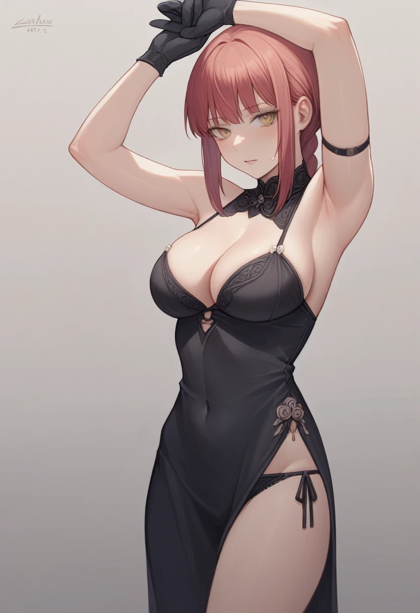 Maximum image quality, outstanding details, ultra high resolution, (Realism: 1.4), the best illustration, favor details, 1 Take a photo of me with these characteristics and description,Look at a young woman of 22 years old, , and height measures 1.75 cm tall, It is like a woman with a beauty that is very attractive and beautiful and very captivating by her beauty., It means that they can fall in love with any person and gender just by seeing Makima's appearance, nothing more from ther world., Makima's appearance is with light reddish brown hair tied in a braid and has eye-length bangs and two longer side bangs that frame her face.. besides, It also has strange golden eyes in the shape of a hypnotic mandala pupil., soft light skin very well cared for, appeared from the body is, hourglass shape, curvy and voluptuous body, her silhouette is pronounced with a different mark between her waist and her hips without exaggerating, Large and round bretanding out clearly due to the design of the dress she wears, which does not offer much support and is clearly not wearing a bra which further highlights her natural size and shape, Waist is star and well defined accentuated the curve of her hips, hips are wide and rounded, which gives a harmonious balance to your figure,
Clothing she wears a very revealing black dress, She already has a deep V-shaped neckline that goes down considerably, exposing a large part of her breasts., es of the dress are open showing her hips, both part of her abdomen showing, and see he is not wearing underwear just underwear the bottom is and it is very revealing you can tell it is an almost thin thread barely visible, He wears long black gloves, that reach up to her forearms that are the same material as the dress, very elegant, and you can see that a thin thread is his part of his underwear, due to the side openings