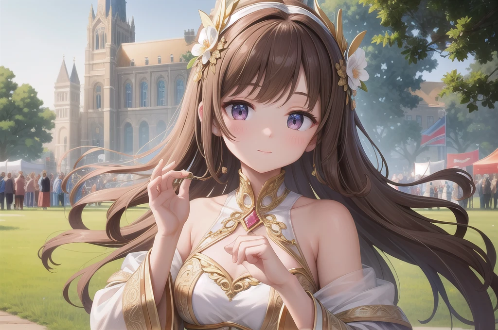 Beauty DJ，headphone，Distant shots，Godley，Brown Hair，Delicate fingers，Five Fingers，Delicate facial features，wearing gorgeous costume，Outdoor festival venue，Perfect buildings，From the audience&#39;s perspective，4K，masterpiece，high quality，