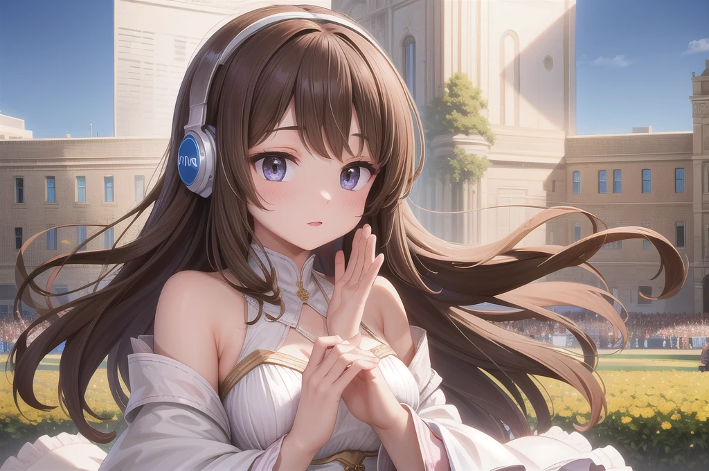 Beauty DJ,headphone,Distant shots,Godley,Brown Hair,Delicate fingers,Five Fingers,Delicate facial features,wearing gorgeous costume,Outdoor festival venue,Perfect buildings,From the audience's perspective,4K,masterpiece,high quality,