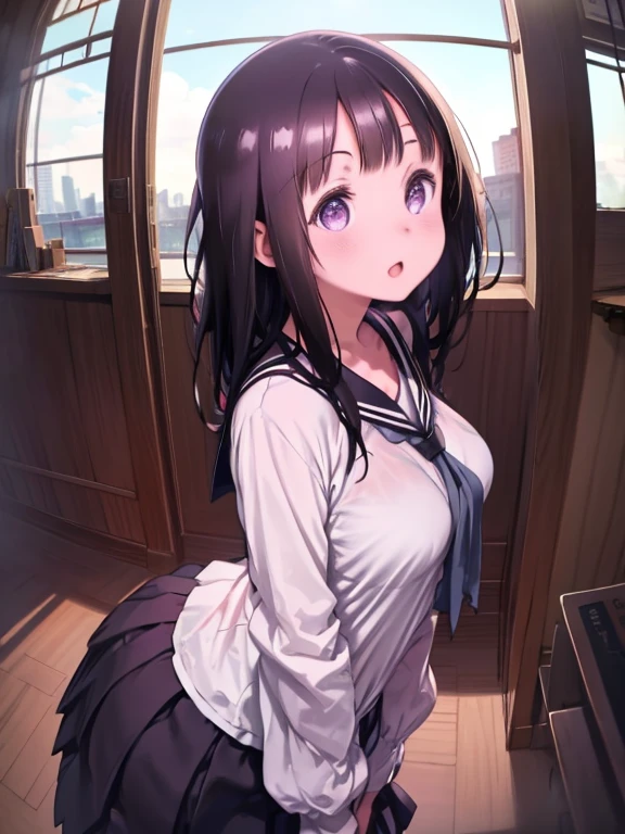 One Girl、Chitanda Eru、long hair、Black Hair、Purple Eyes、Big Breasts、Huge breasts、Sailor suit、Black sailor collar、White shirt、Black Stretched Skirt、Blue neckerchief、Long sleeve、Upper Body、Watching the audience、Open your mouth、Place your arms together in front of your chest、Put your hands together、Holding hands、Library、library、Sparkling eyes、Stars in the eyes、Shining Eyes、Focus on the face、Attention to the eyes、Leaning forward、Fisheye Lens、Angle from the front、Front view、