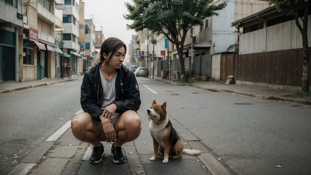 Create a high-quality, professional image of a sad Akita dog sitting alone on a deserted street. The dog should have a sorrowful expression, with its head slightly lowered and eyes looking forward with a sense of longing and confusion. The background should be slightly blurred to focus on the dog, using a color palette that evokes a melancholic and emotional atmosphere. Make sure the overall composition connects emotionally with the audience.
