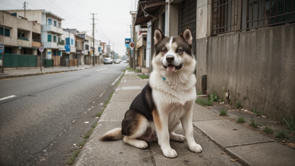 Create a high-quality, professional image of a sad Akita dog sitting alone on a deserted street. The dog should have a sorrowful expression, with its head slightly lowered and eyes looking forward with a sense of longing and confusion. The background should be slightly blurred to focus on the dog, using a color palette that evokes a melancholic and emotional atmosphere. Make sure the overall composition connects emotionally with the audience.