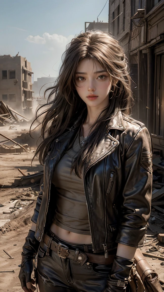 ((masterpiece, highest quality, Highest image quality, High resolution, photorealistic, Raw photo, 8K)), ((Extremely detailed CG unified 8k wallpaper)), Post-Apocalyptic Wasteland, The world of Mad Max, she wears a leather jacket over his bare skin and holds a shotgun, ((adderskin eye patch)), Collapsed buildings are being swallowed by the desert, Ruins hazed with dust and sand, 