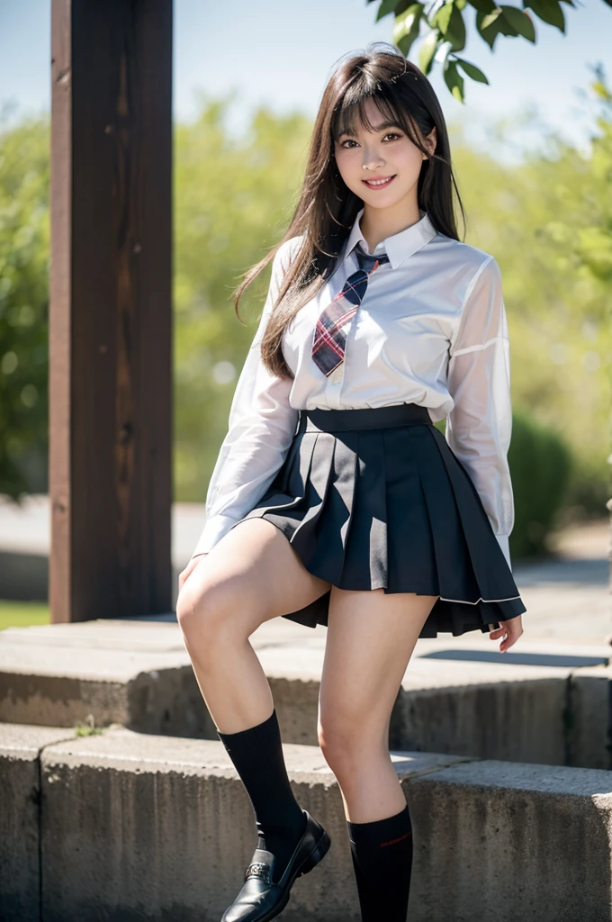 absurdres, 8K raw photo, best quality, ultra high res, 1girl, looking at viewer, natural skin texture, realistic eye and face details, smile, beautiful legs, skinny, slim legs, solo, ageyo sal, JAPANESE girl, sunshine, shiny hair, skirt, loose necktie, socks, shoes, , plaid, plaid skirt, shirt, loafers, knee highs, pleated skirt, full body, black footwear, black socks, realistic, (standing), sunshine, (((depth of field:1.4))), smile, absurdres, , detailed face, detailed eyes, see-through bangs,