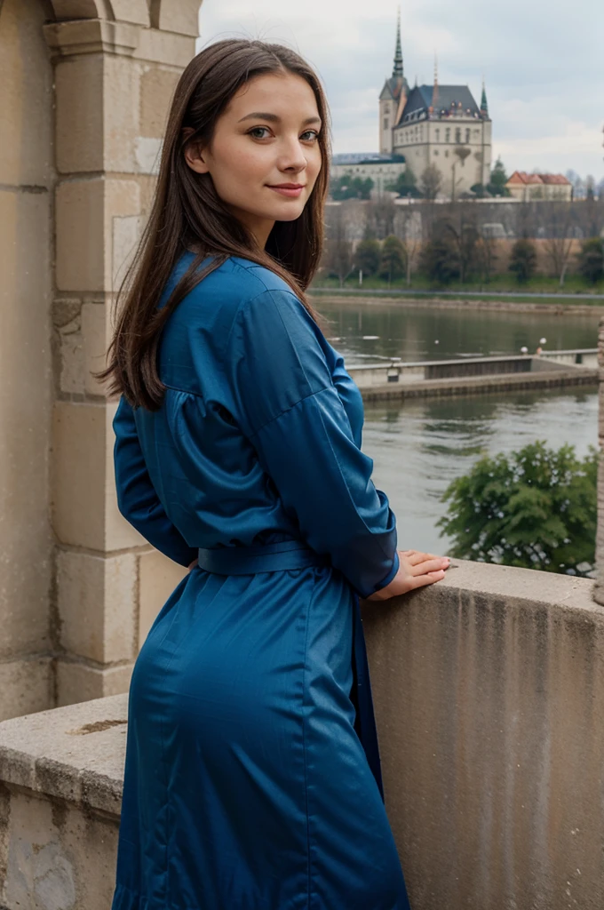 slovaquie, belle femme, ((à Bratislava)), smirk, robe traditionel, ((devant le chateau de Bratislava)), jolie visage