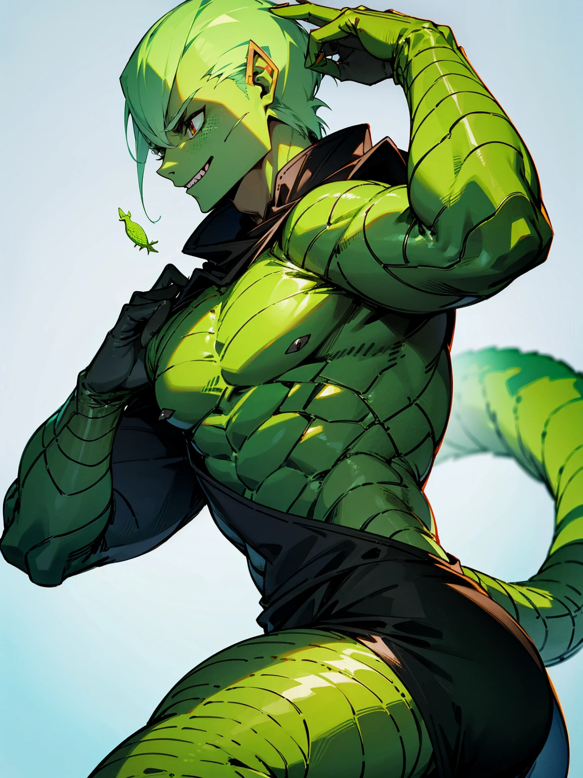1male, lizard man, sweater, green skin, lizard tail