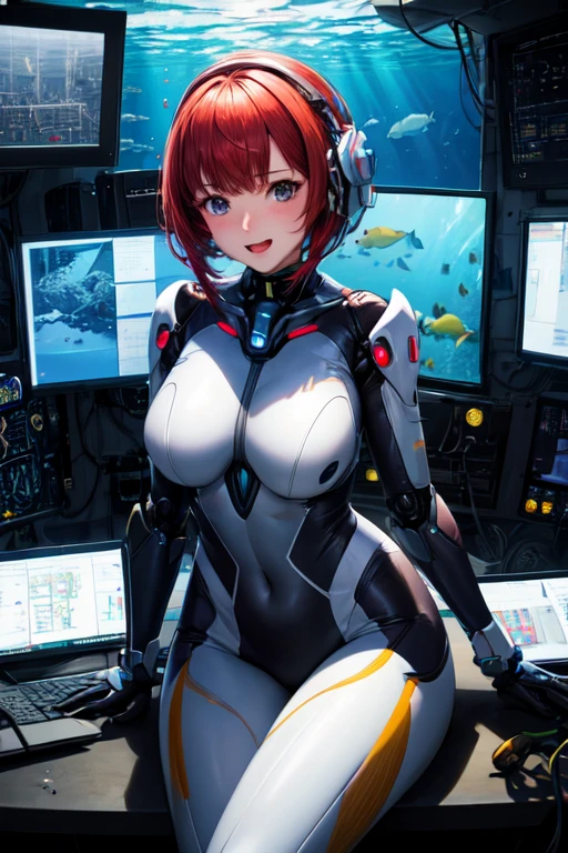 ((1 cyborg woman)),((huge breasts)),((biomechanical legs, legs open legs)),((bare breasts, completely naked)),((red hair with short white stripe with ponytail, eyes green)),((sitting in a wheelchair in a gray futoristic room)),((opening her pussy with both hands)),((with a large penis coming out of her pussy, erect penis, caressing her intimate parts, penis releasing a lot of sperm)),((eating food)),((esidada's face, flushed)),((facing the spectator)),a naked cyborg maid carries a plate of cum,