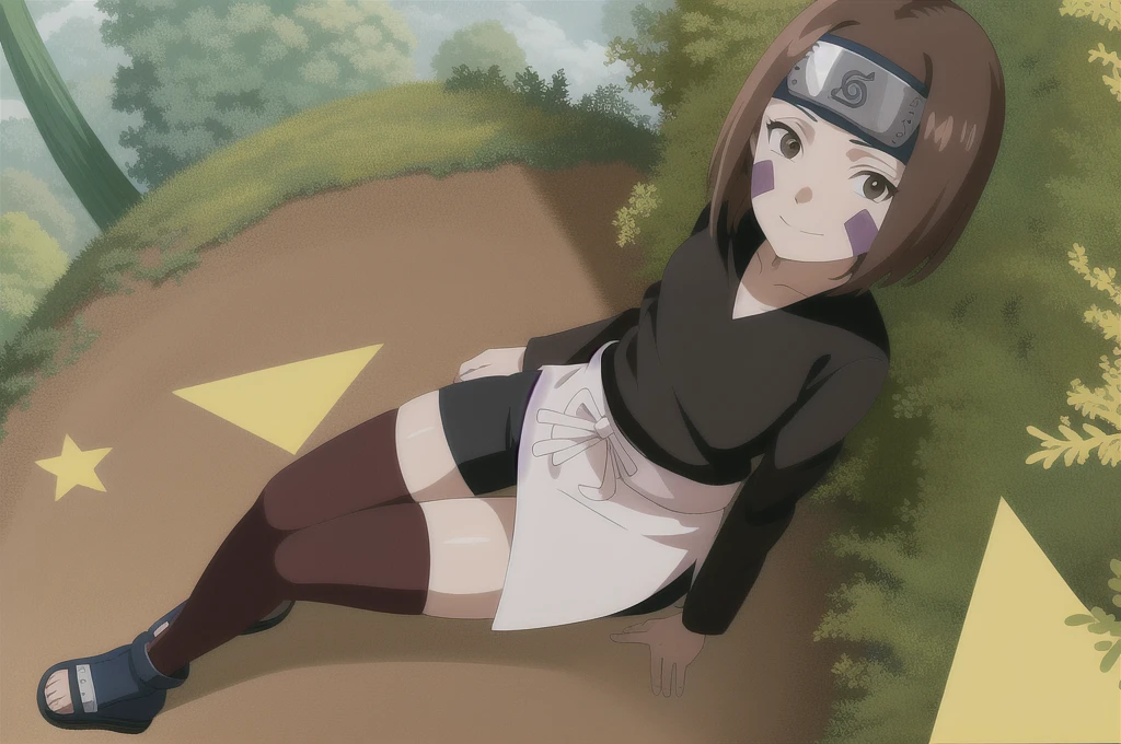 1girl, solo, brown hair, brown eyes, waist apron, short hair, forehead protector, smile, (black shirt:1.1), facial mark, full body, long sleeves, bracelet, konohagakure symbol, headband, sandals, bike shorts, bangs, thighhighs, bandages,anime coloring, full body, toeless footwear,black thighhighs,outdoors,forest,day,cloud,sitting, looking at viewer, closed mouth,