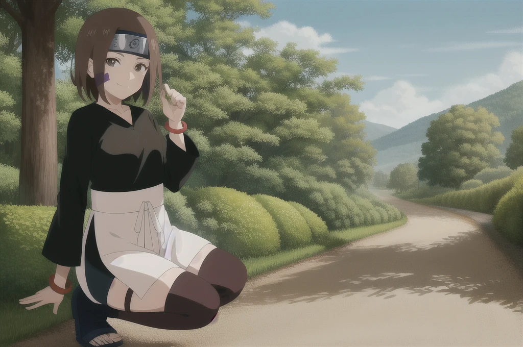 1girl, solo, brown hair, brown eyes, waist apron, short hair, forehead protector, smile, (black shirt:1.1), facial mark, full body, long sleeves, bracelet, konohagakure symbol, headband, sandals, bike shorts, bangs, thighhighs, bandages,anime coloring, full body, toeless footwear,black thighhighs,outdoors,forest,day,cloud,sitting, looking at viewer, closed mouth,