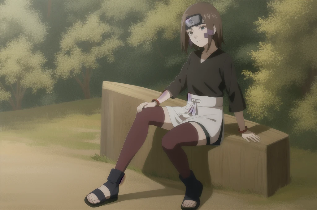 1girl, solo, brown hair, brown eyes, waist apron, short hair, forehead protector, smile, (black shirt:1.1), facial mark, full body, long sleeves, bracelet, konohagakure symbol, headband, sandals, bike shorts, bangs, thighhighs, bandages,anime coloring, full body, toeless footwear,black thighhighs,outdoors,forest,day,cloud,sitting, looking at viewer, closed mouth,