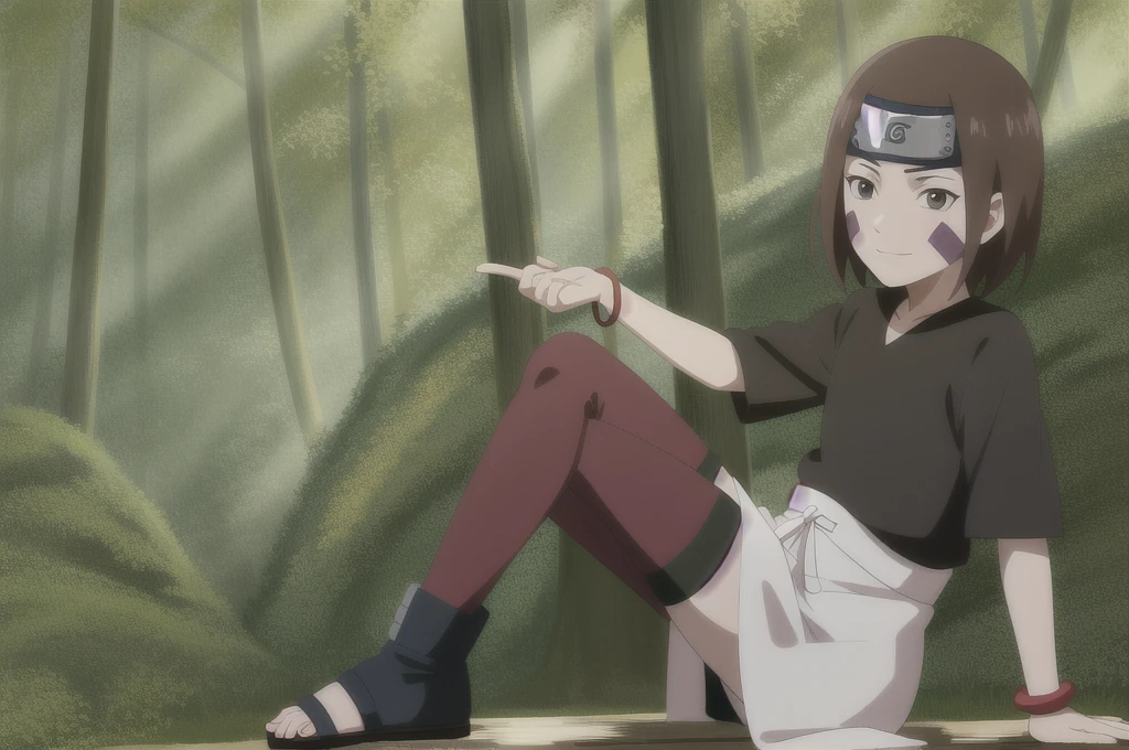 1girl, solo, brown hair, brown eyes, waist apron, short hair, forehead protector, smile, (black shirt:1.1), facial mark, full body, long sleeves, bracelet, konohagakure symbol, headband, sandals, bike shorts, bangs, thighhighs, bandages,anime coloring, full body, toeless footwear,black thighhighs,outdoors,forest,day,cloud,sitting, looking at viewer, closed mouth,