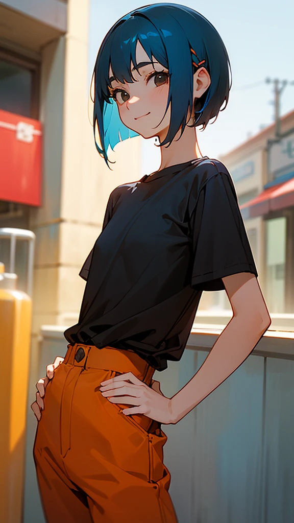 1 girl、Cowboy Shot、Simple T-shirt、shrimp、Beautiful brown and jet black eyes、Light blue hair、Bob Hairstyle、Orange Hair Clip、Flat Chest、smile、Please put your hands on your hips、Shortorning Cafe Terrace、Background blur, Written boundary depth