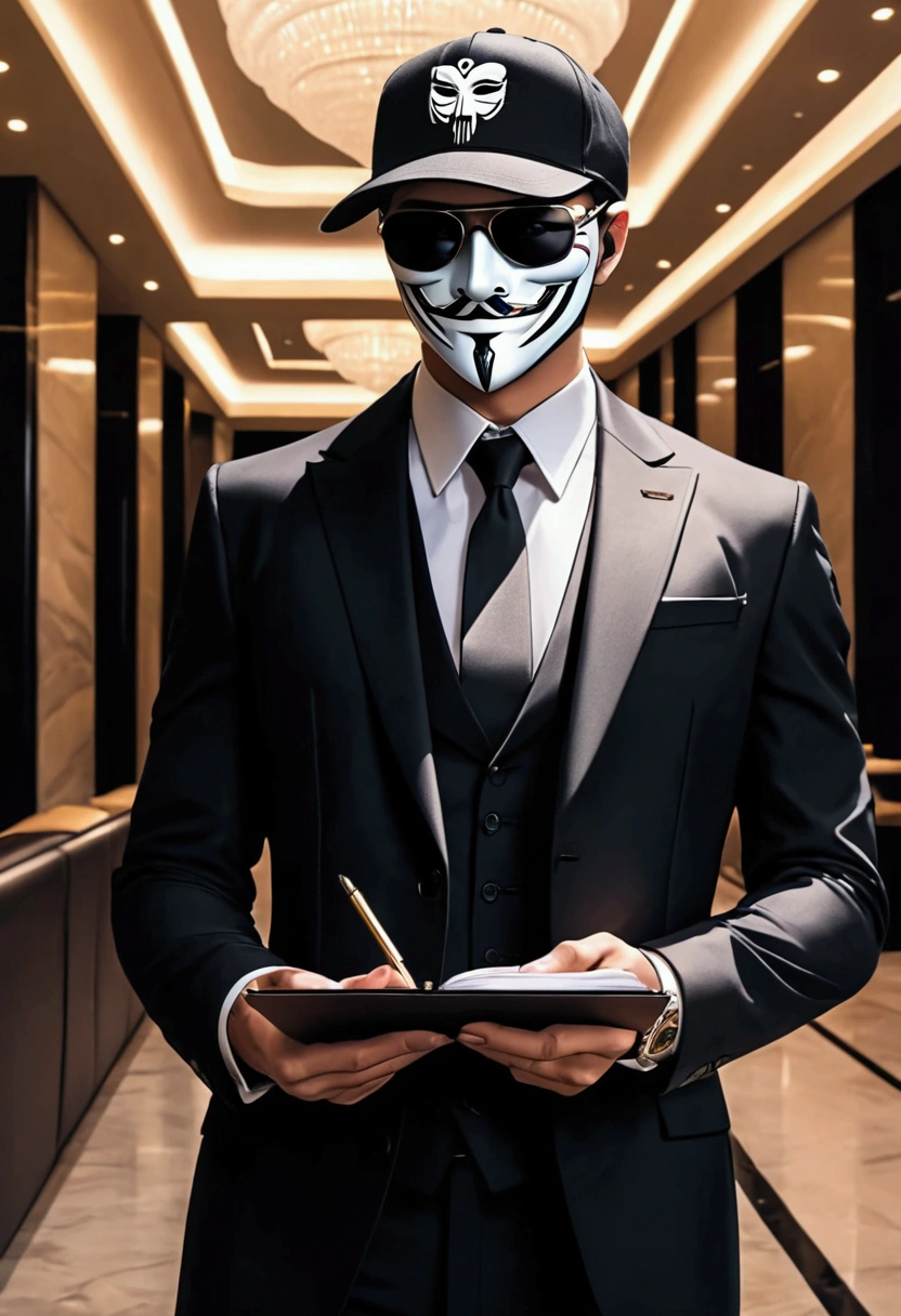 sharp man with mask and sunglasses, hq 4k phone wallpaper, anonymous mask, anonymous, hacker, in a cap, with a notebook in one hand