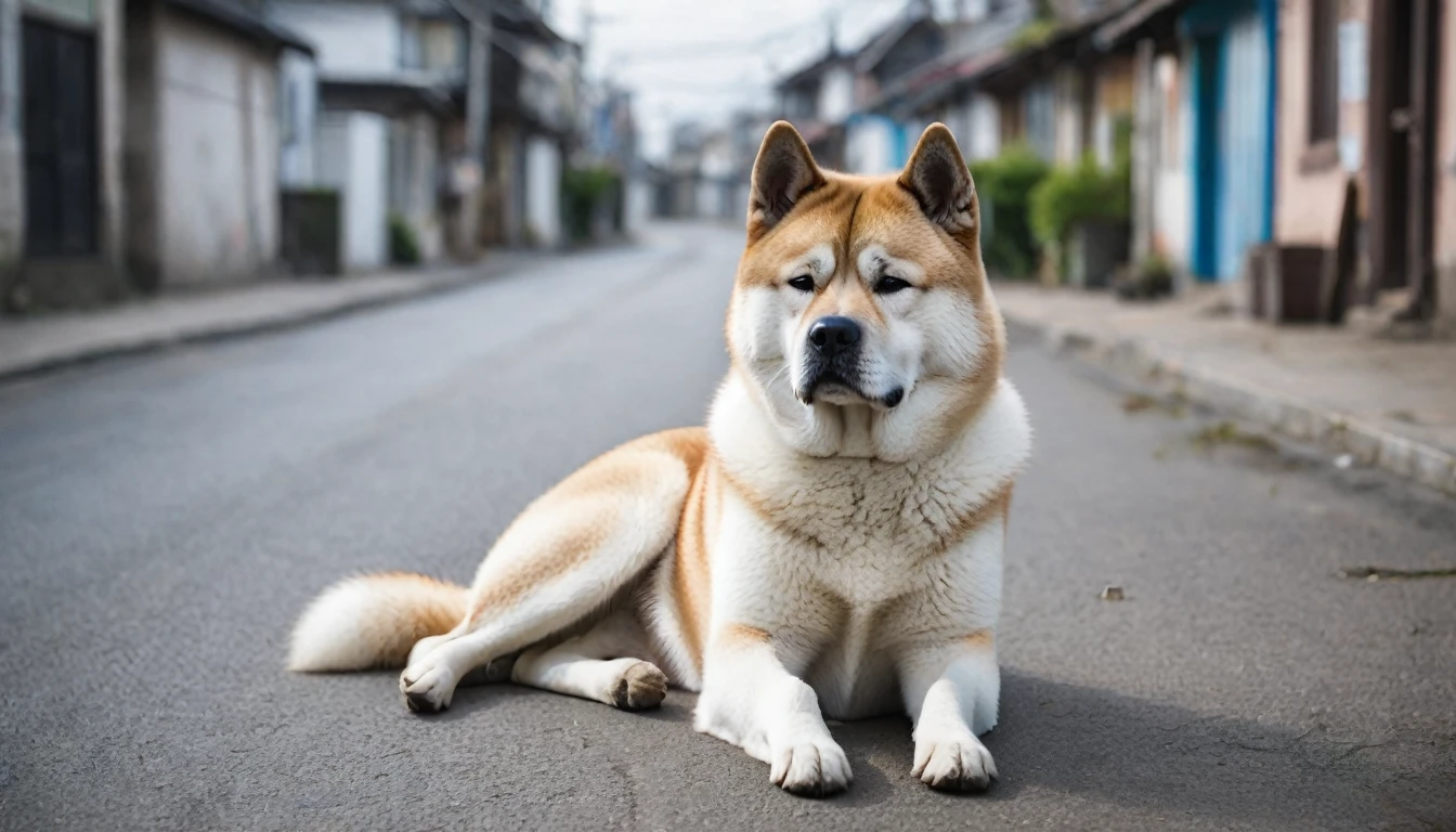 Create a high-quality, professional image of a sad Akita dog sitting alone on a deserted street. The dog should have a sorrowful expression, with its head slightly lowered and eyes looking forward with a sense of longing and confusion. The background should be slightly blurred to focus on the dog, using a color palette that evokes a melancholic and emotional atmosphere. Make sure the overall composition connects emotionally with the audience.