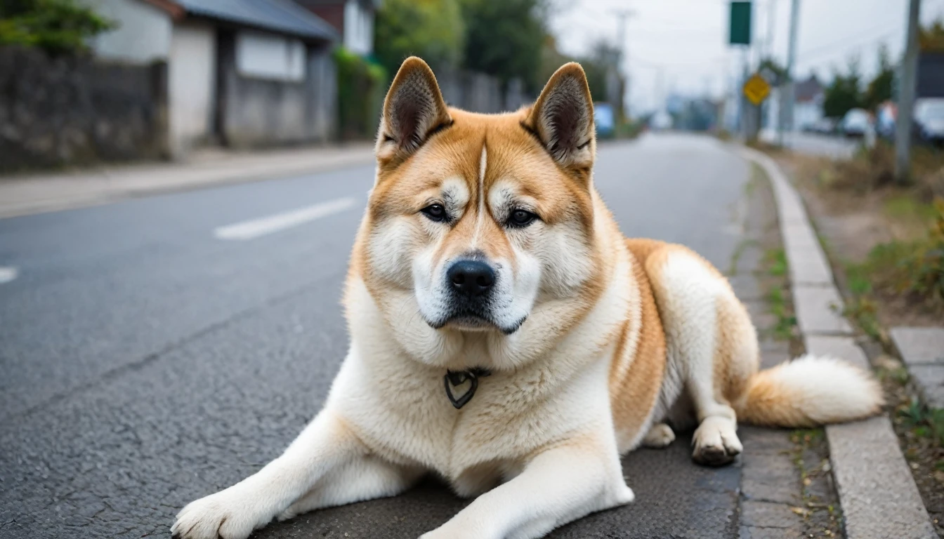 Create a high-quality, professional image of a sad Akita dog sitting alone on a deserted street. The dog should have a sorrowful expression, with its head slightly lowered and eyes looking forward with a sense of longing and confusion. The background should be slightly blurred to focus on the dog, using a color palette that evokes a melancholic and emotional atmosphere. Make sure the overall composition connects emotionally with the audience.