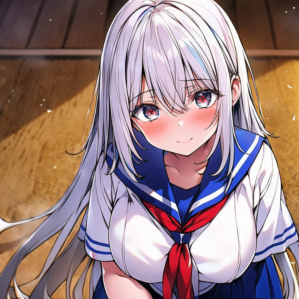 masutepiece++, Best Quality++, ultra-definition++, ultra-definition++, rey tracing, 4K or more++, 8K or more++, Slight details, (Background Focus )++,Young woman with golden laurel wreath, (((Ultramarine hair))), (((White dip dyed hair))), (((red streaked hair))),sailor,Sailor collar,White shirt, skirt by the,anchor,