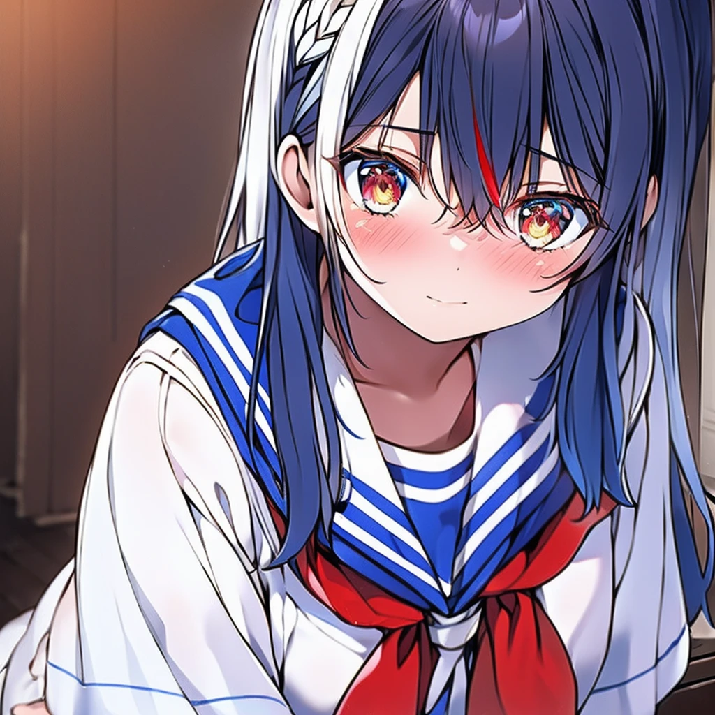 masutepiece++, Best Quality++, ultra-definition++, ultra-definition++, rey tracing, 4K or more++, 8K or more++, Slight details, (Background Focus )++,Young woman with golden laurel wreath, (((Ultramarine hair))), (((White dip dyed hair))), (((red streaked hair))),sailor,Sailor collar,White shirt, skirt by the,anchor,