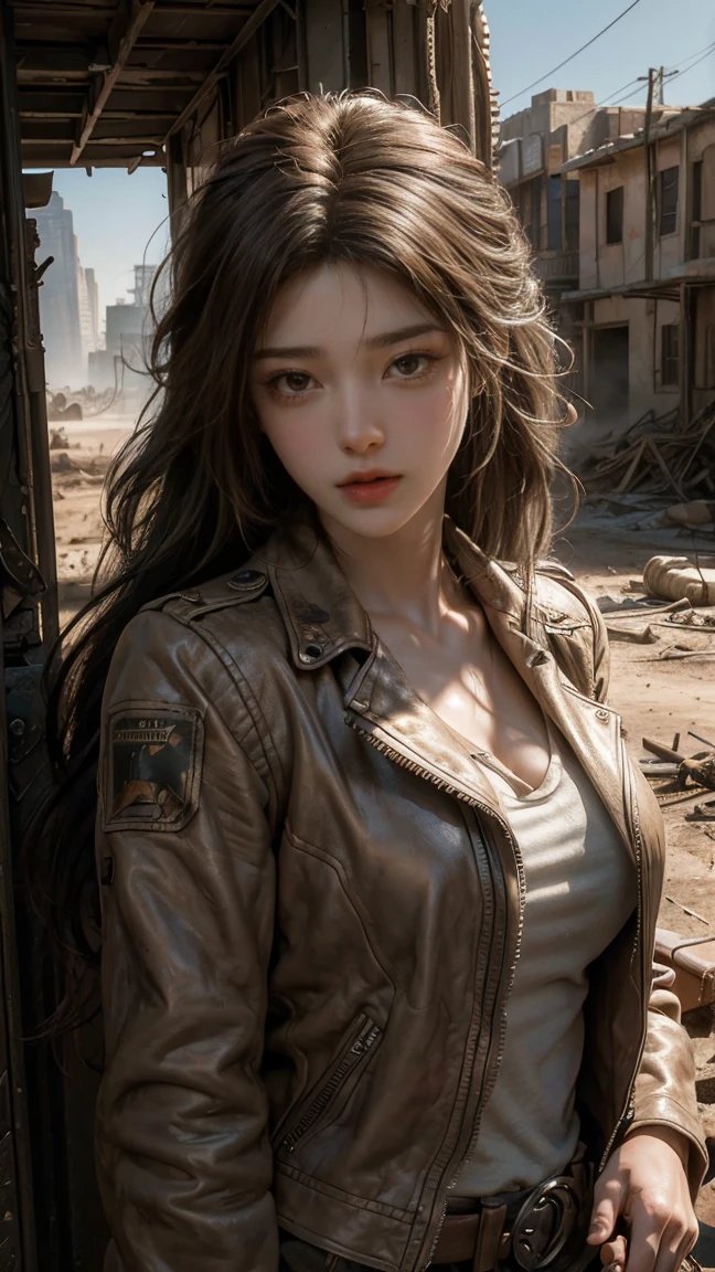 ((masterpiece, highest quality, Highest image quality, High resolution, photorealistic, Raw photo, 8K)), ((Extremely detailed CG unified 8k wallpaper)), Post-Apocalyptic Wasteland, The world of Mad Max, she wears a leather jacket over his bare skin and holds a shotgun, ((adderskin eye patch)), Collapsed buildings are being swallowed by the desert, Ruins hazed with dust and sand,