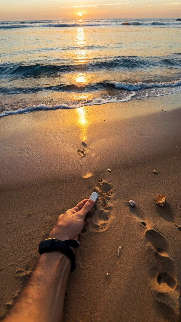 ((best qualityer)), ((work of art)), (detailded), A hyper-realistic image of a serene beach at sunset, captured on a cell phone camera by an influencer. The sky is painted with vibrant shades of orange, pink and purple, with some thin, golden clouds as the sun sets over the horizon, Creating a show of colors. The soft golden light reflects on the gentle waves, creating a sparkling effect in the water.
The beach is covered in fine white sand that feels soft to the touch.. In the foreground, small shells and pebbles are scattered across the sand, some half-buried. The water is crystal clear, with gentle waves lapping the shore, creating a delicate foam that dissolves slowly.
The scene is peaceful and picturesque, with some distant silhouettes of coconut trees swaying gently in the breeze. A couple is walking hand in hand along the beach, your footprints faintly visible in the sand. The cell phone camera captures the golden light of the sunset, creating a feeling of warmth and tranquility. The image is natural, with the influencer holding her cell phone at an angle that shows both the stunning scenery.