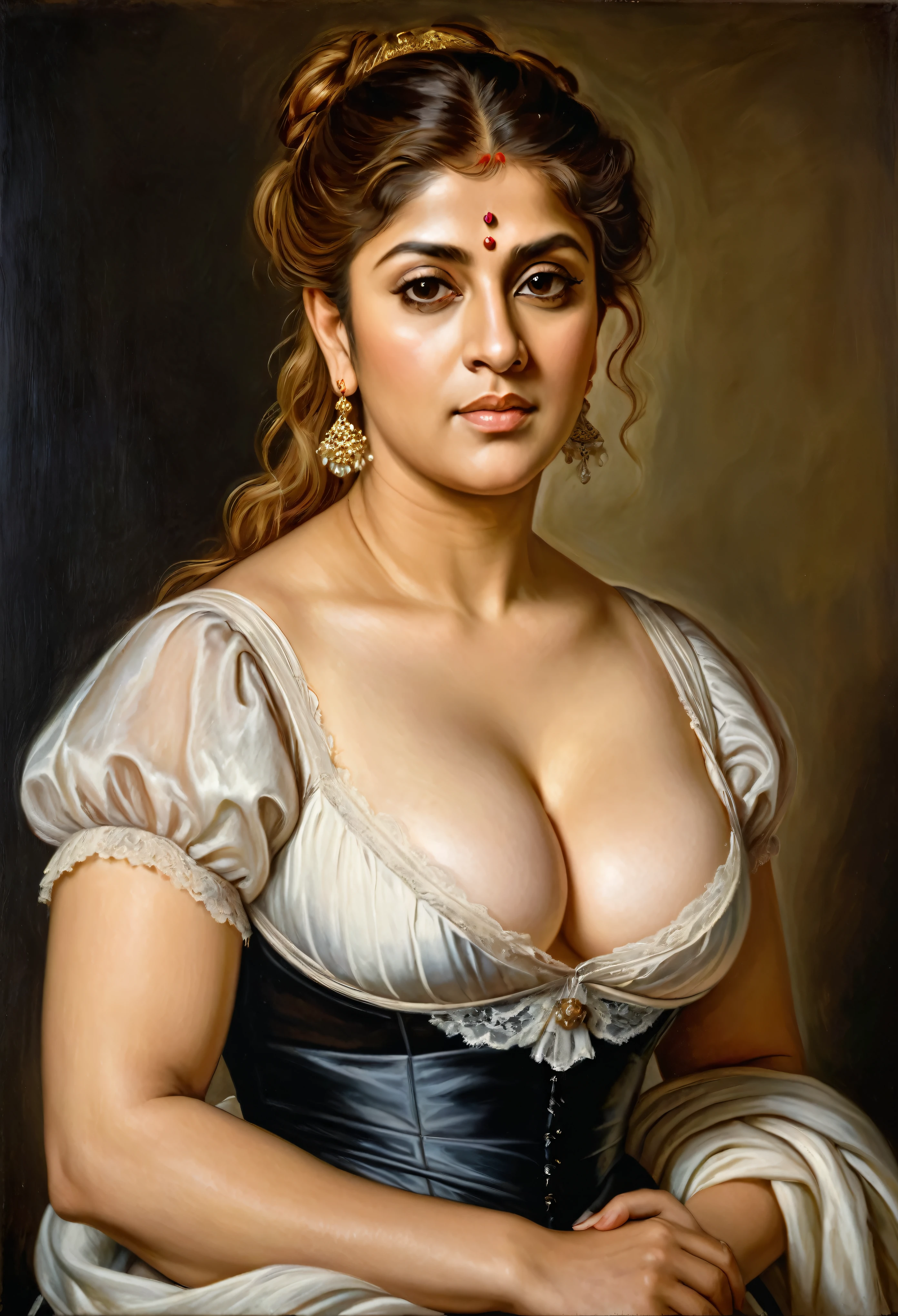 Looks like Nayanthara, portrait painting of a thick Beautiful middle aged woman, extremely gorgeous, wearing a Victorian Camisole dress or chemise, by Peter Paul Rubens, in Peter Paul Rubens style, by Caravaggio, intricate, flawless, masterpiece, Best quality, 