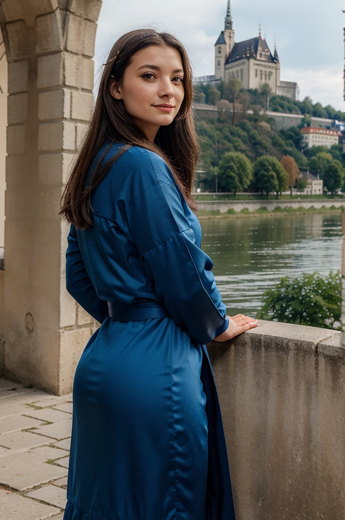 slovaquie, belle femme, ((à Bratislava)), smirk, robe traditionel, ((devant le chateau de Bratislava)), jolie visage