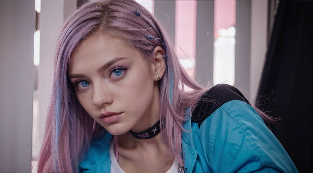y2k girl aesthetic blue eye hair pink tips