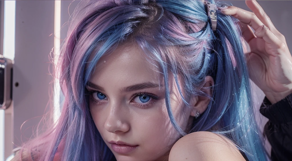 y2k girl aesthetic blue eye hair pink tips